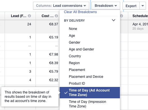 Facebook delivery time options
