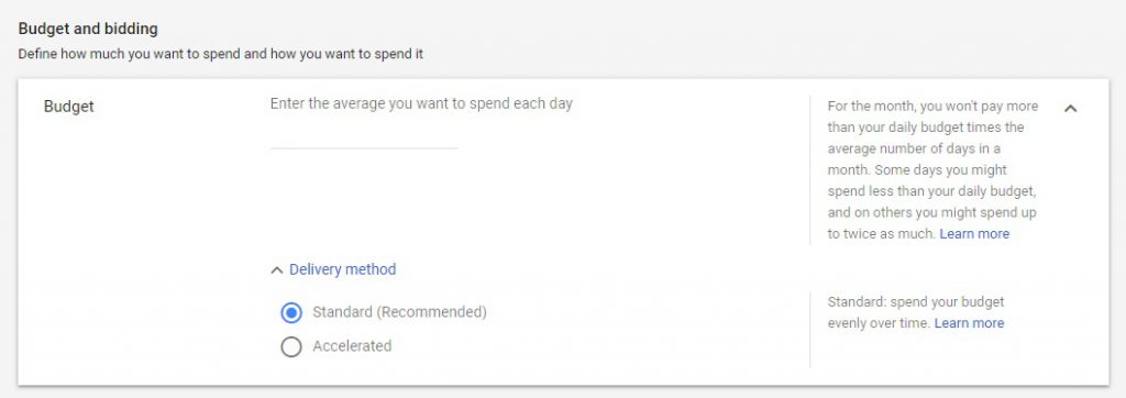 Budget settings Google ads