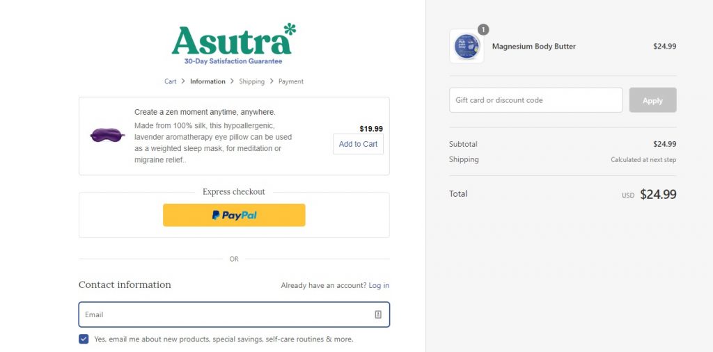 Asutra checkout page