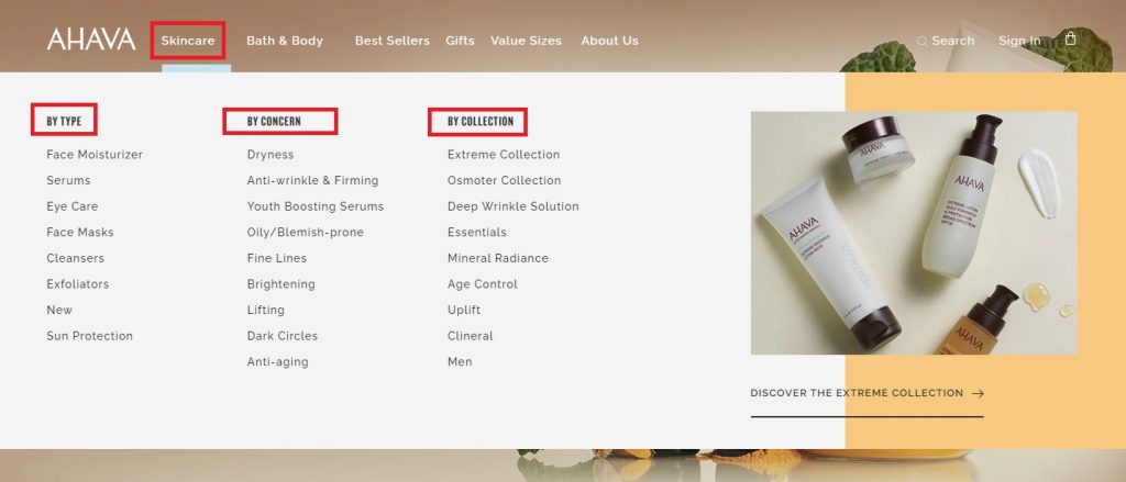 ahava best ecom store menu examples